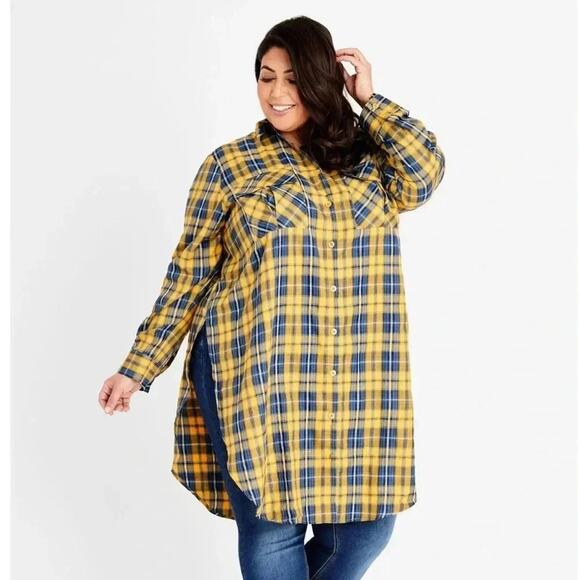 Ashley Stewart blue yellow button down the top extra long plaid fall plus size - Picture 1 of 12